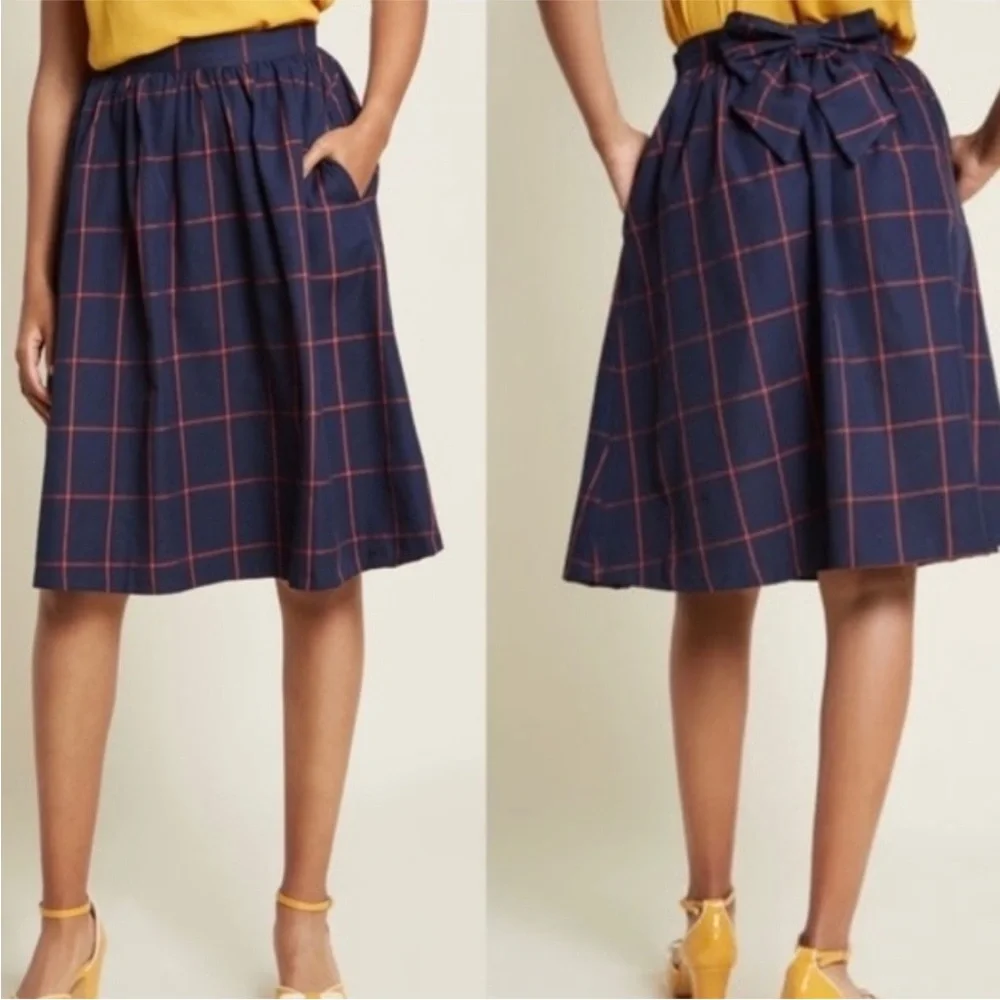 ModCloth Redefined Timing A-Line Skirt, Navy Blue & Red Stripe Plaid